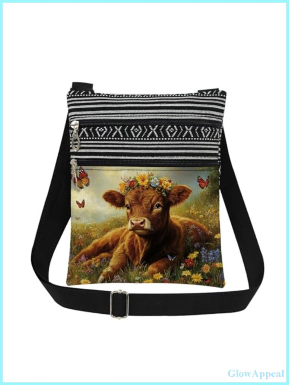 Cow Floral Crown Crossbody Bag Polyester Adjustable Strap Daily Purse